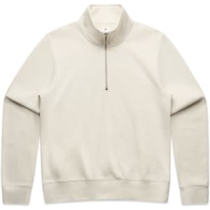 A beige half-zip crew jumper featuring a high collar and ribbed cuffs, with a logo on the front.