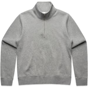 A grey half zip crew jumper with a collar and a logo on the chest.