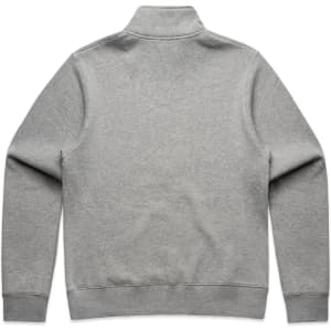 A grey half-zip crew jumper with a high collar and ribbed cuff details. It features a logo on the back.