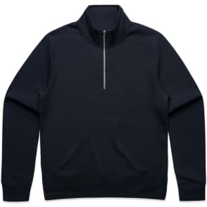 A navy half zip crew jumper featuring a zipper and long sleeves. The item has a plain design with a logo.