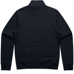 A black half zip crew jumper with a collar and long sleeves, featuring a logo on the back.