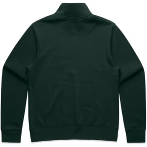 A dark green half zip crew jumper with a plain back design. Features a branding logo on the collar.
