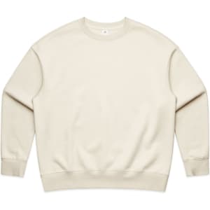 A beige crew jumper with a simple design and a logo on the label. The fabric appears soft and comfortable.