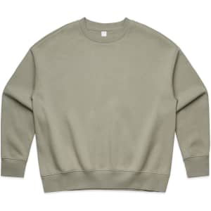 A light olive green jumper with a relaxed fit and long sleeves. It features a simple design and has a logo.