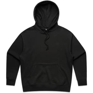 A black hoodie featuring a front pocket and a drawstring hood, with a branding logo.