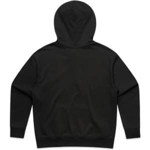 A black hoodie featuring a simple design and a hood, with an understated look and a branding logo.