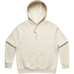A cream-coloured hoodie featuring a front pocket and an attached hood, with a logo on the front.