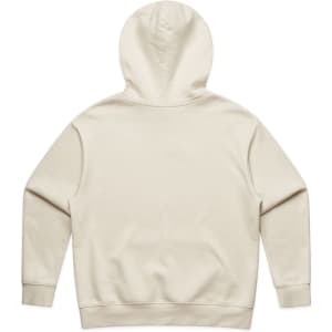 A beige hoodie with a hood and long sleeves, featuring a back view and a logo.