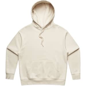 A cream-coloured hoodie featuring a front pocket and a drawstring hood, with a logo on the garment.