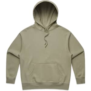 A green hoodie with a front pocket and a drawstring hood. The garment has a soft, casual design.