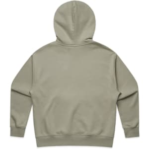 A plain olive green hoodie featuring a large hood and long sleeves. It has a logo on the back.
