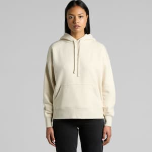 A cream-coloured hoodie with a front pocket and a hood, featuring a branding logo.