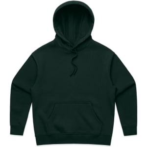 A dark green hoodie featuring a front pocket and a drawstring hood. It has a simple design and includes a logo.