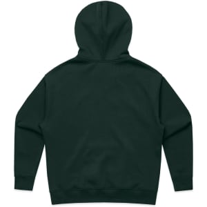 A dark green hoodie with a large, adjustable hood and a plain back. It features a ribbed hem and cuffs.