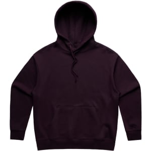 A purple hoodie with a front pocket and a drawstring hood, featuring a logo.