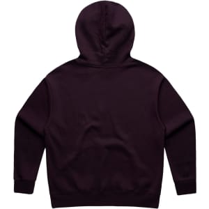 A purple hoodie with a hood, featuring a plain back and cuffed sleeves. Includes a branding logo.