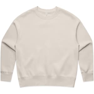 A light beige jumper with long sleeves and a round neckline, featuring a simple design and a logo.