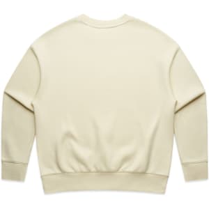 A plain cream-coloured jumper with a relaxed fit and ribbed cuffs. It has a branding logo on the back.