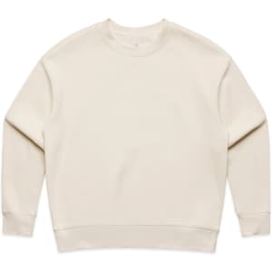 A cream-coloured jumper with long sleeves, featuring a simple design and a logo on the front.