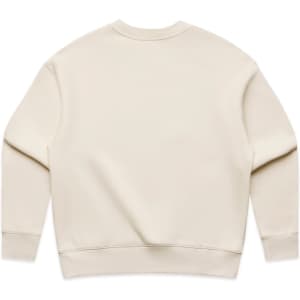 A beige jumper with a simple, relaxed design and a branding logo on the back.