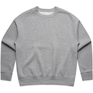 A grey crew jumper with a relaxed fit and long sleeves, featuring a logo on the front.