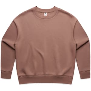 A brown jumper featuring a round neckline and long sleeves, with a logo on the front.