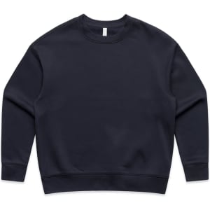 A navy blue fleece jumper with a round neckline and long sleeves. It features a blank design and has a branding logo.