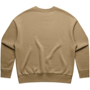 A beige crew jumper with a simple, unadorned design and ribbed cuffs. It features a branding logo.