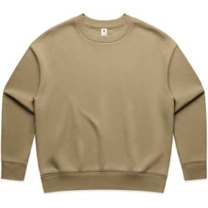 A beige crew jumper featuring long sleeves and a relaxed fit. The garment includes a small logo.