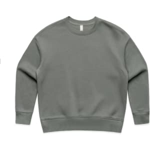 A grey jumper with a crew neckline and long sleeves, featuring a logo on the front.