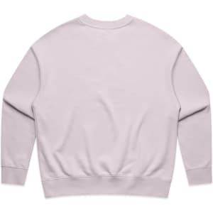 A light pink sweater with long sleeves and a relaxed fit. Features a branding logo on the back.
