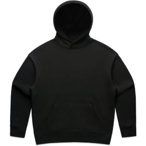 A black hoodie featuring a front pocket and a spacious hood, with a simple design and no visible logos.