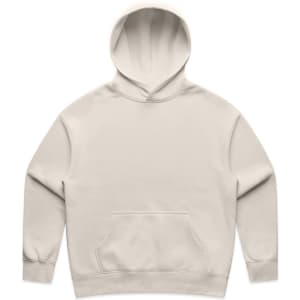 A beige hoodie with a front pocket and a hood, featuring a logo on the front.