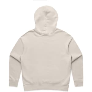 A beige hoodie with a hood and no visible branding, featuring a simple back design.