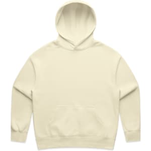 A cream-coloured hoodie featuring a front pocket and an attached hood, with a logo on it.