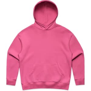 A pink hoodie with a front pocket and a large hood. It features a logo on the front.