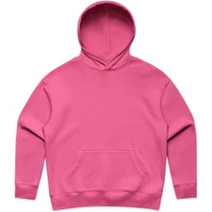 A pink hoodie with a front pocket and a hood. It features a logo on the design.