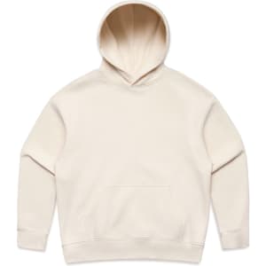 A cream hoodie featuring a kangaroo pocket and a hood. The design includes a logo.