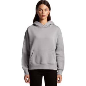 A grey hoodie with a front pocket and a hood, featuring a logo. Model wearing it has long hair.