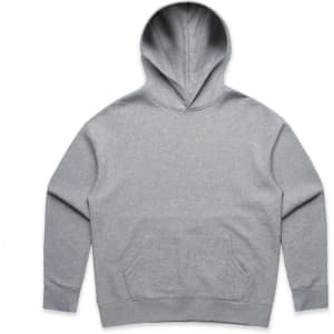 A grey hoodie with a spacious front pocket and a hood, featuring a logo on the front.