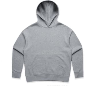 A grey hoodie featuring a front pocket and a hood, with a logo on the design.