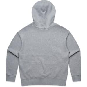 A grey hoodie featuring a back view with a kangaroo pocket and a hood. It has branding details.