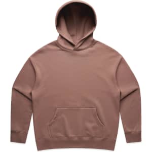 A brown hoodie with a front pocket and a hood, featuring a logo on the front.