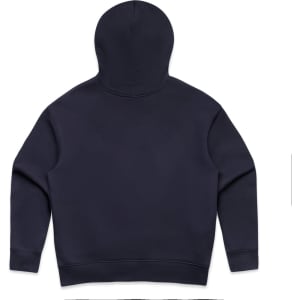 A navy blue hoodie featuring a hood and long sleeves, with a simple design and a logo present.