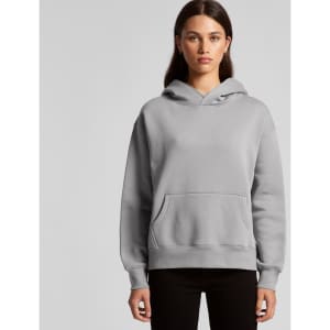 A grey hoodie with a front pocket and a hood, featuring a logo. Model displaying the garment.