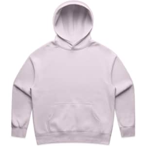 A light purple hoodie with a front pocket and a spacious hood. It features a logo on the design.