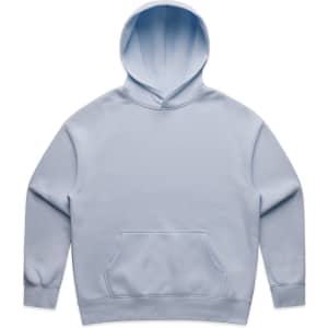 A light blue hoodie with a front pocket and a hood, featuring a logo on the front.