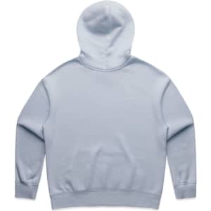 A light blue hoodie with a hood and ribbed cuffs. The back is plain and features a logo.