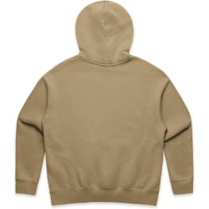 A beige hoodie with a spacious hood and a clean back design, featuring a logo on the back.