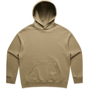 A beige hoodie featuring a front pocket and a large hood. The design includes a logo.
